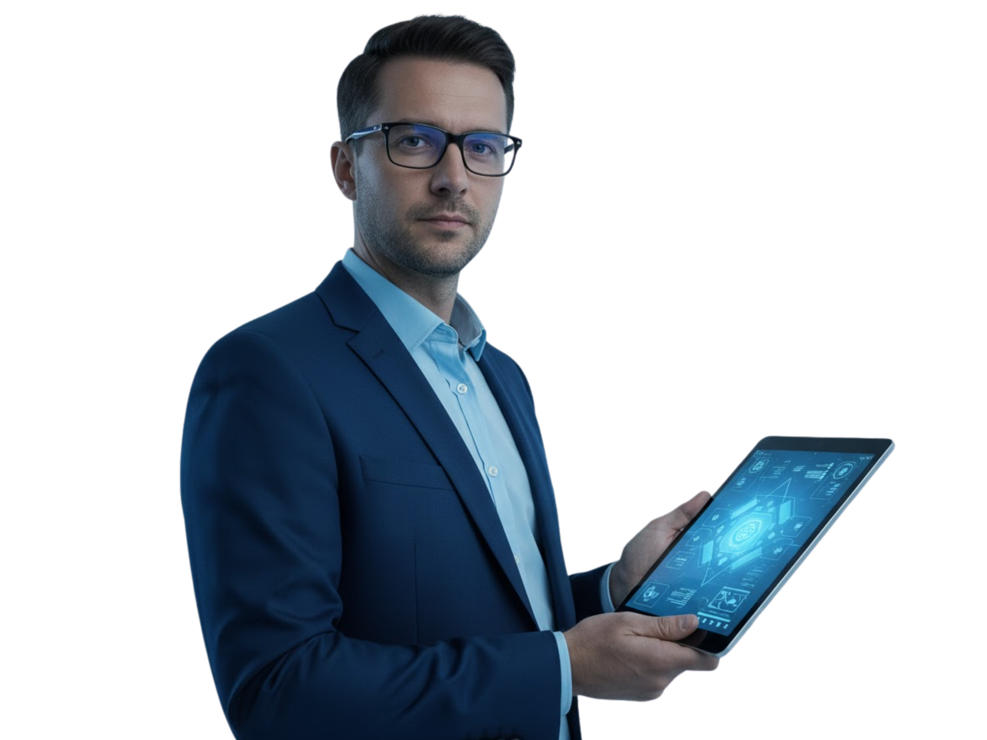 Homem bem apresentado segurando um tablet